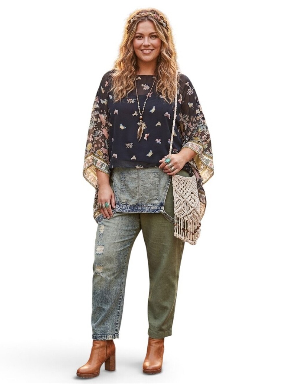 Artizan by Robin Barré Butterfly Floral Convertible Sheer Poncho Blouse OS